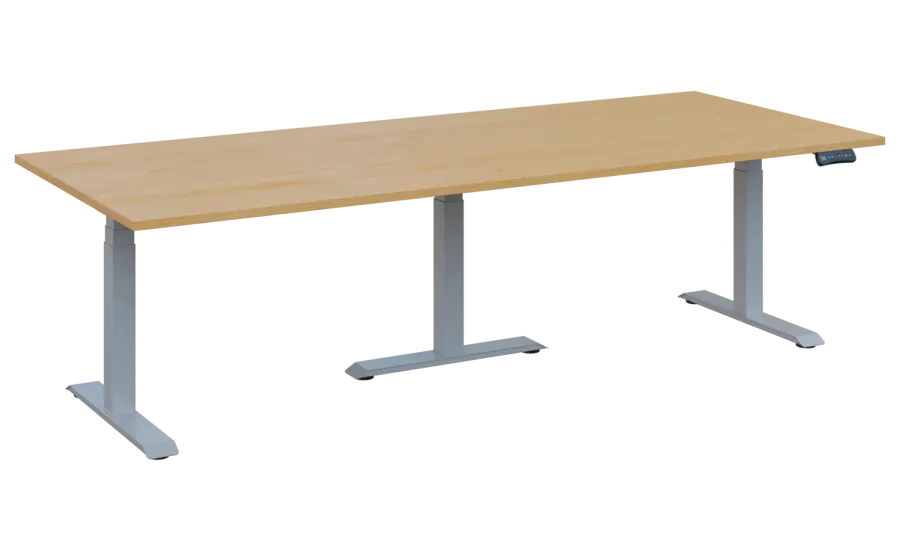 FLEXIMEET 250-100 výškově nastavitelný stůl, kovová podnož stříbrná, deska 25 mm, široký 2500 mm, javor horský